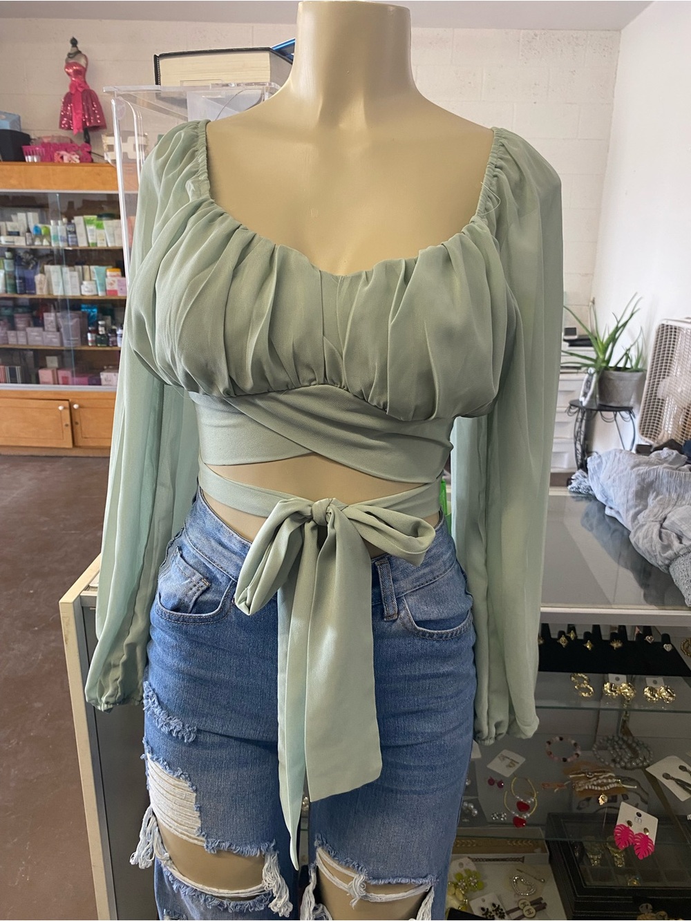 Sage Green Long-Sleeve Wrap Crop Top